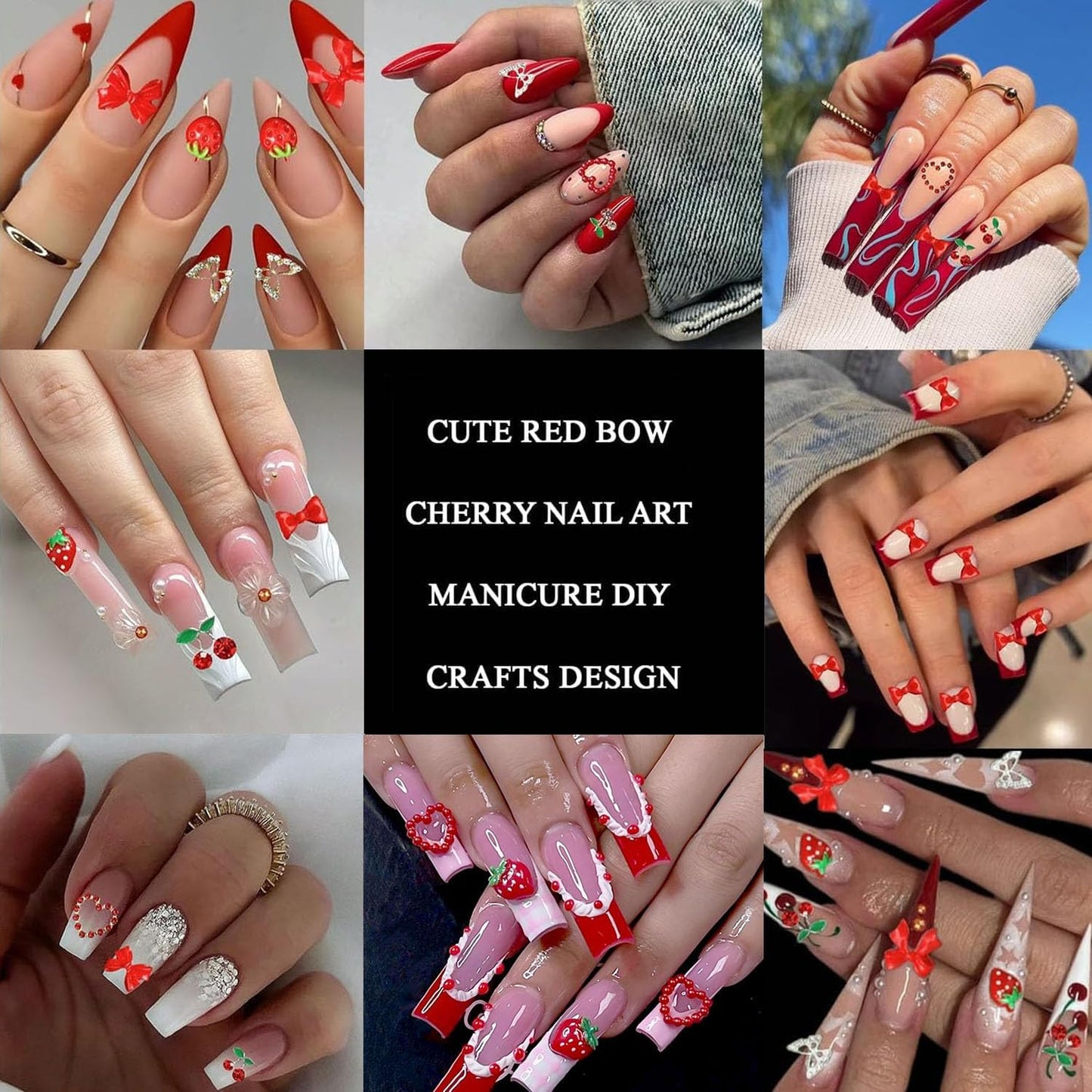 3D Red Bow Nail Charms, Flatback Pearl Charms Resin Strawberry Nails Bows Fruit Charms for Nails, Alloy Cherry Butterfly Nail Art Jewels for Women DIY Accessories