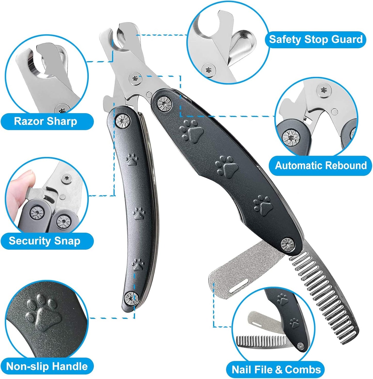 2025 Quiet Design Dog Nail Clippers for Anxiety Sensitive Dogs, Sharp Cut Through Thick Nail in One Squeeze, 3 in 1 Compact Build-in Nail File & Comb, Heavy Duty