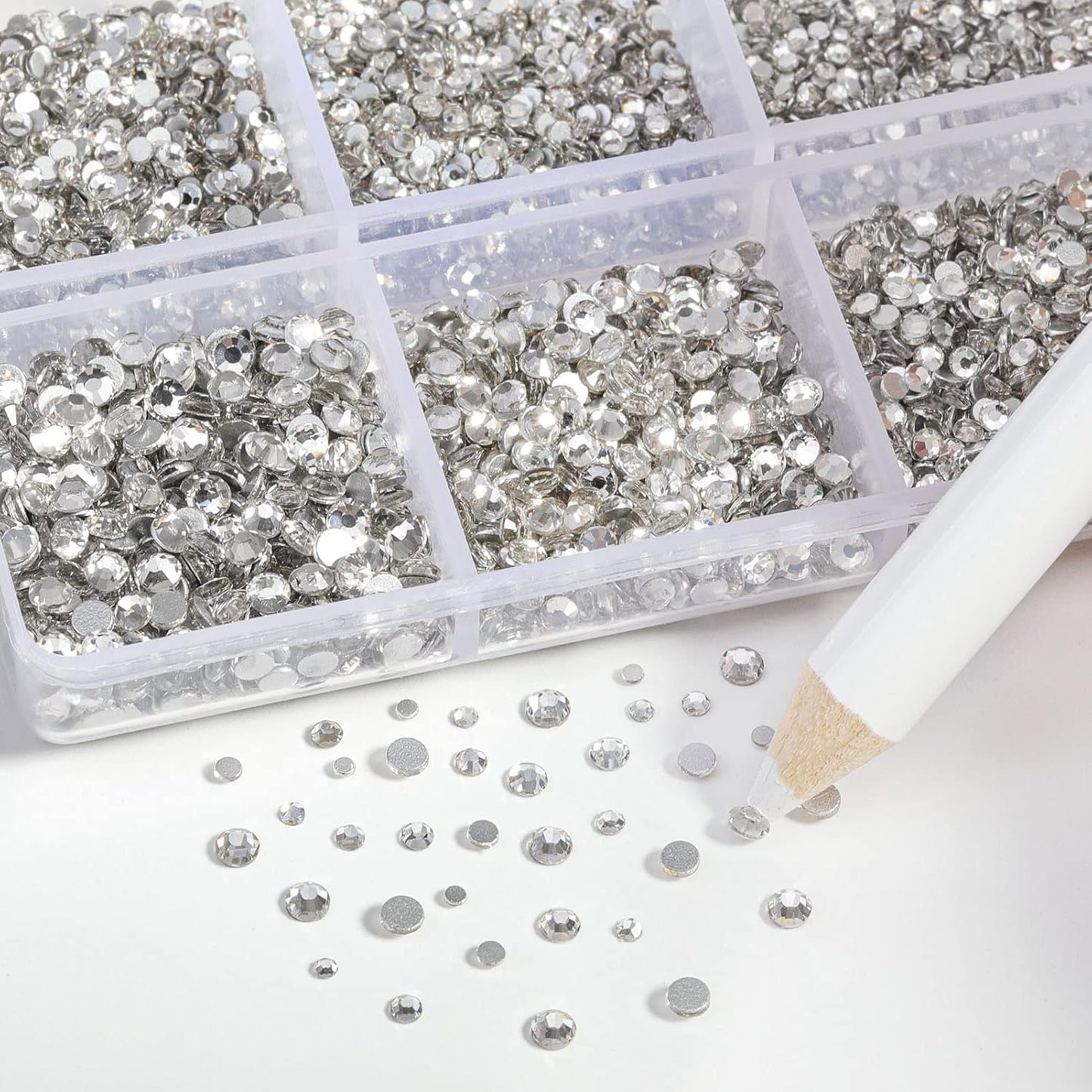 Beadsland 7200pcs Flatback Rhinestones,Clear Rhinestone Nail Gems Round Crystal Rhinestones for Crafts,Mixed 6 Sizes with Wax Pencil Kit, SS3-SS10,Crystal