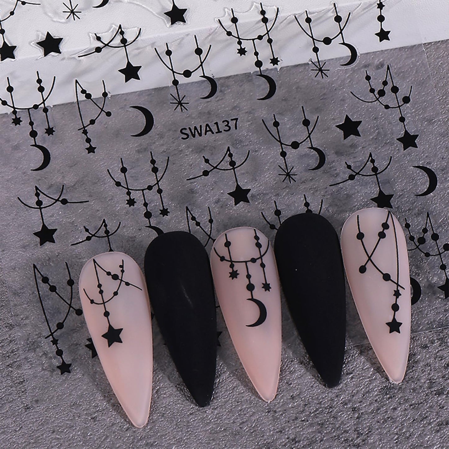 Star Nail Stickers for Nail Art 3D Self-Adhesive Moon Nail Decals Black Silver Star Nail Art Stickers for Women 6 Sheets