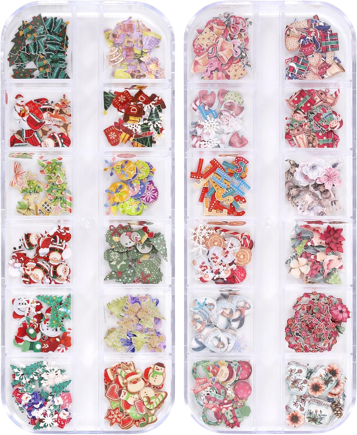 600Pcs 2 Boxes Christmas Nail Art Sequins Sticker, 3D Santa Claus Snowflake Elk Decals for Acrylic Nails, Christmas Tree Wood Pulp Glitter Flakes for Winter Nail Art Decorations 5