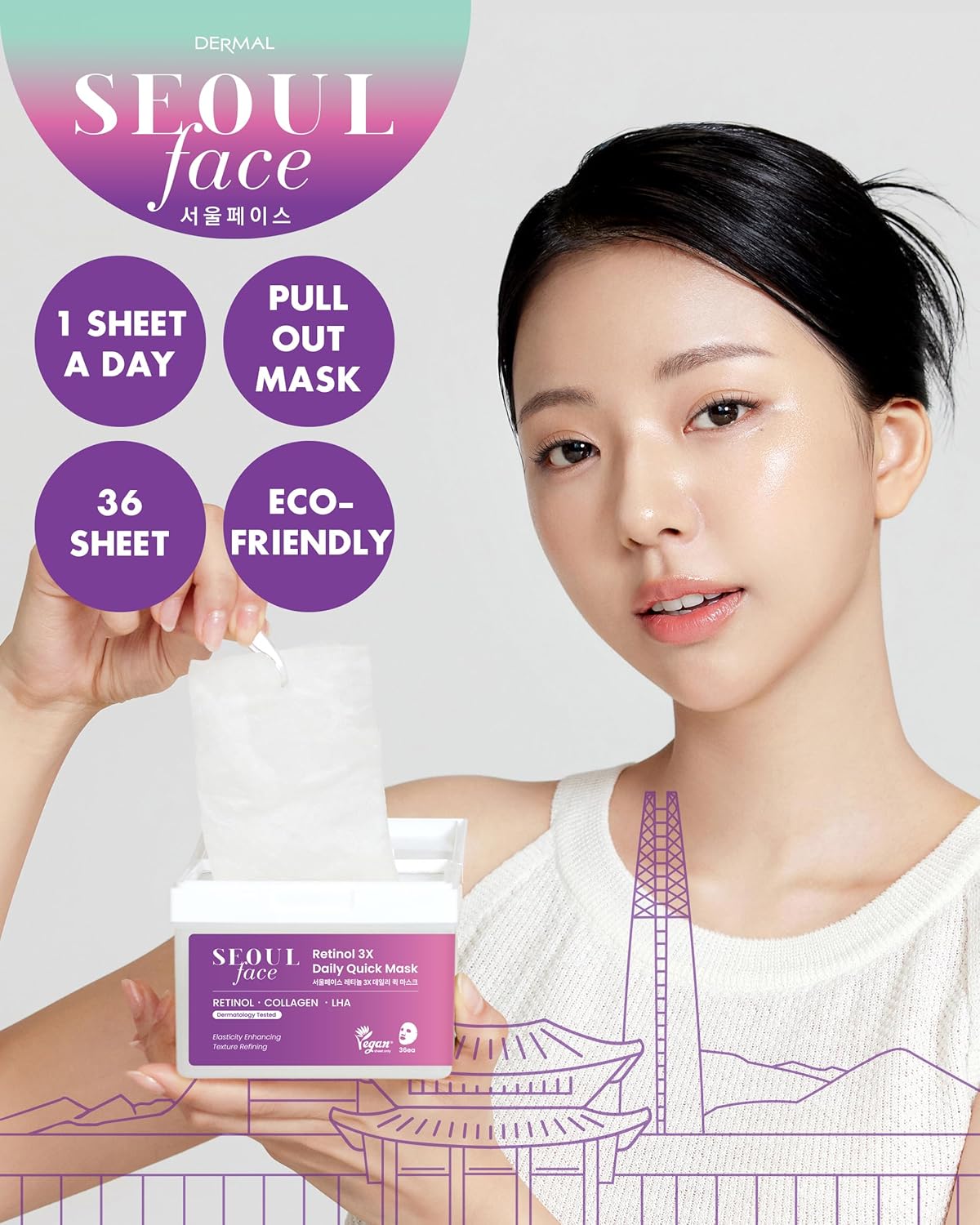 DERMAL Seoul Face Retinol 3X Daily Quick Mask 36 Sheet – Korean Skincare Vegan Tencel Facial Masks - Anti Aging, Wrinkle Improvement Mask Sheets with Collagen, LHA, Peptide