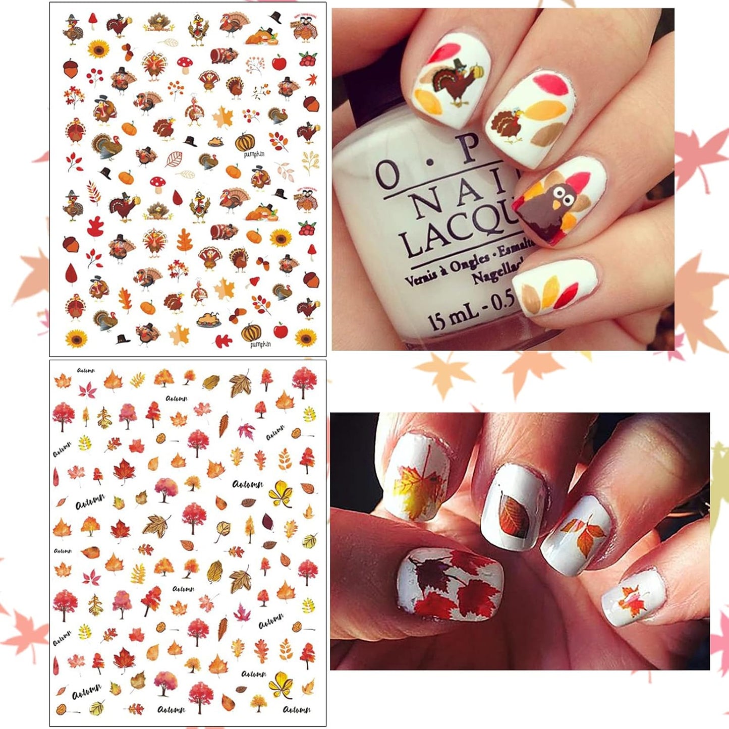 TailaiMei 3D Thanksgiving Nail Decals Stickers, Self-Adhesive Autumn Nail Art Decorations, Design for Fall Maple Leaves Pumpkin Turkey(1154 Pcs, 10 Sheets)