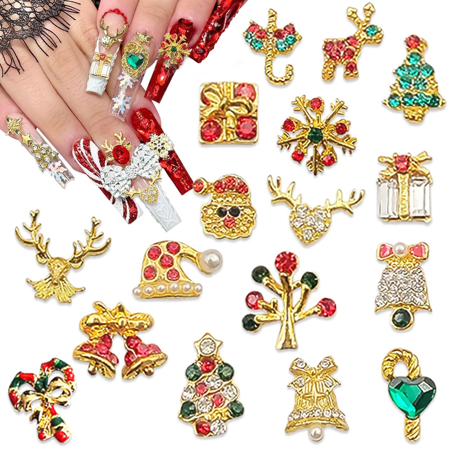 17Pcs Christmas Nail Charms Gold 3D Alloy Reindeer Snowflake Santa Claus Nail Art Charms Shiny Red Green Nail Rhinestones Bling Winter Nail Gems Xmas Gift Nail Supplies for Women Luxury Crystal DIY