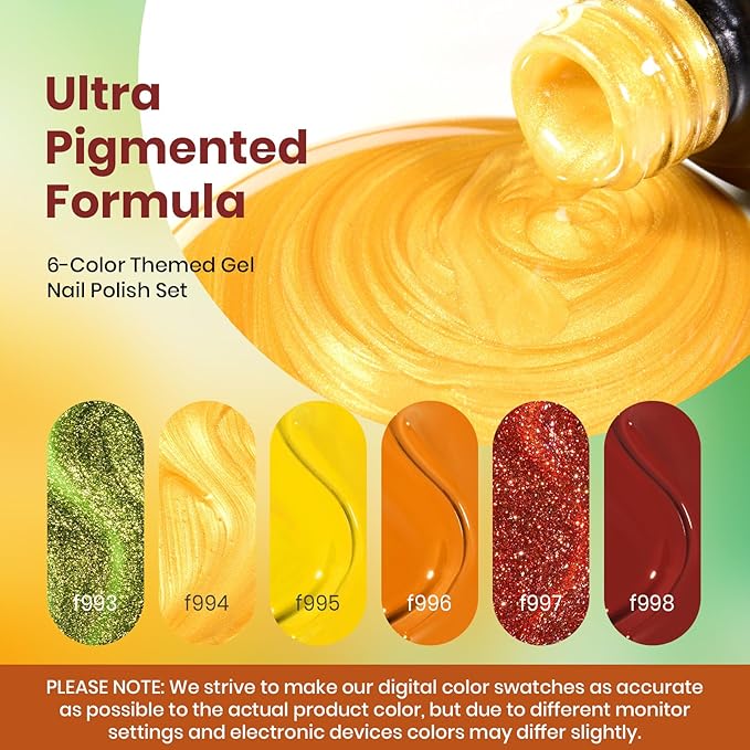 Beetles Fall Gel Polish Set - Autumn Realm Collection, Mustard Yellow Orange Burgundy Gel Polish Green Golden Glitter Nails Kit DIY Nail Art Soak Off UV Led Gifts for Women