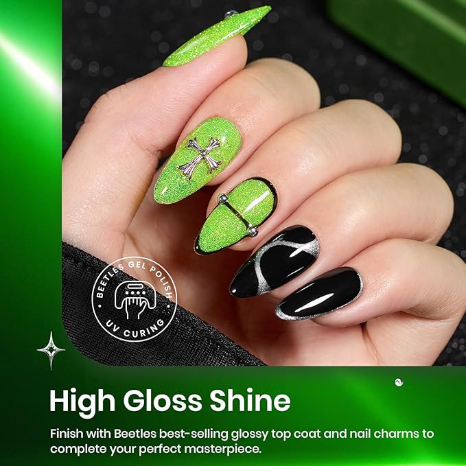 Beetles Neon Green Gel Nail Polish Set, Halloween Black Glitter Silver Brat Tribe Gel Polish with Rhinestones Soak off Uv Lamp Nail Festival Manicure Gift for Women