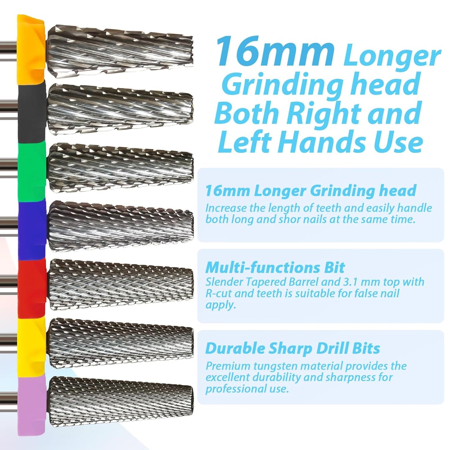 16mm 5 in 1 Tapered Barrel Nail Drill Bits, 3/32'' Safety Tungsten Carbide Bits, Right & Left Rotation, Manicure Cuticle Gel Acrylic Removal Polishing, Technicians Bits, Coarse.