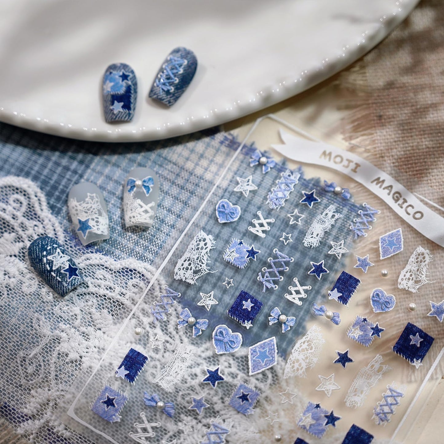 Cowboy Nail Art Stickers Decals 5D Embossed Bow Star Pearls Nail Stickers Self-Adhesive Blue Cowboy Nail Decals Supplies for Women DIY Manicure Decorations 1 Sheets
