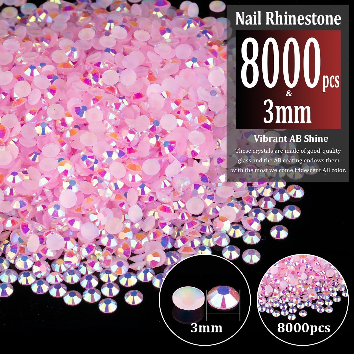 8000pcs 3mm Resin Rhinestones Bulk, Light Pink AB Flatback Round Jelly Rhinestones Bedazzling Non Hotfix Crystal Gems Large Quantity Wholesale for DIY Crafts Clothes Tumblers Face Makeup Manicure