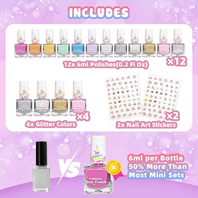 Tomons Nail Polish Set for Kids , 12 Colors Non-Toxic Water-Based Quick-Dry & Peel-Off DIY Nail Art Kit for Girls Ages 6+, Gifts for Halloween, Christmas, Birthday or Parties