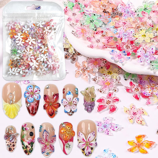 50Pcs 3D Flowers Nail Charm for Nails Flower Resin Nail Rhinestones Spring Hibiscus Floral Nail Art Charm for Acrylic Nails Mixed Colorful Ice Lily Nail Gems Jewelry DIY Summer Manicure Decor Crafts