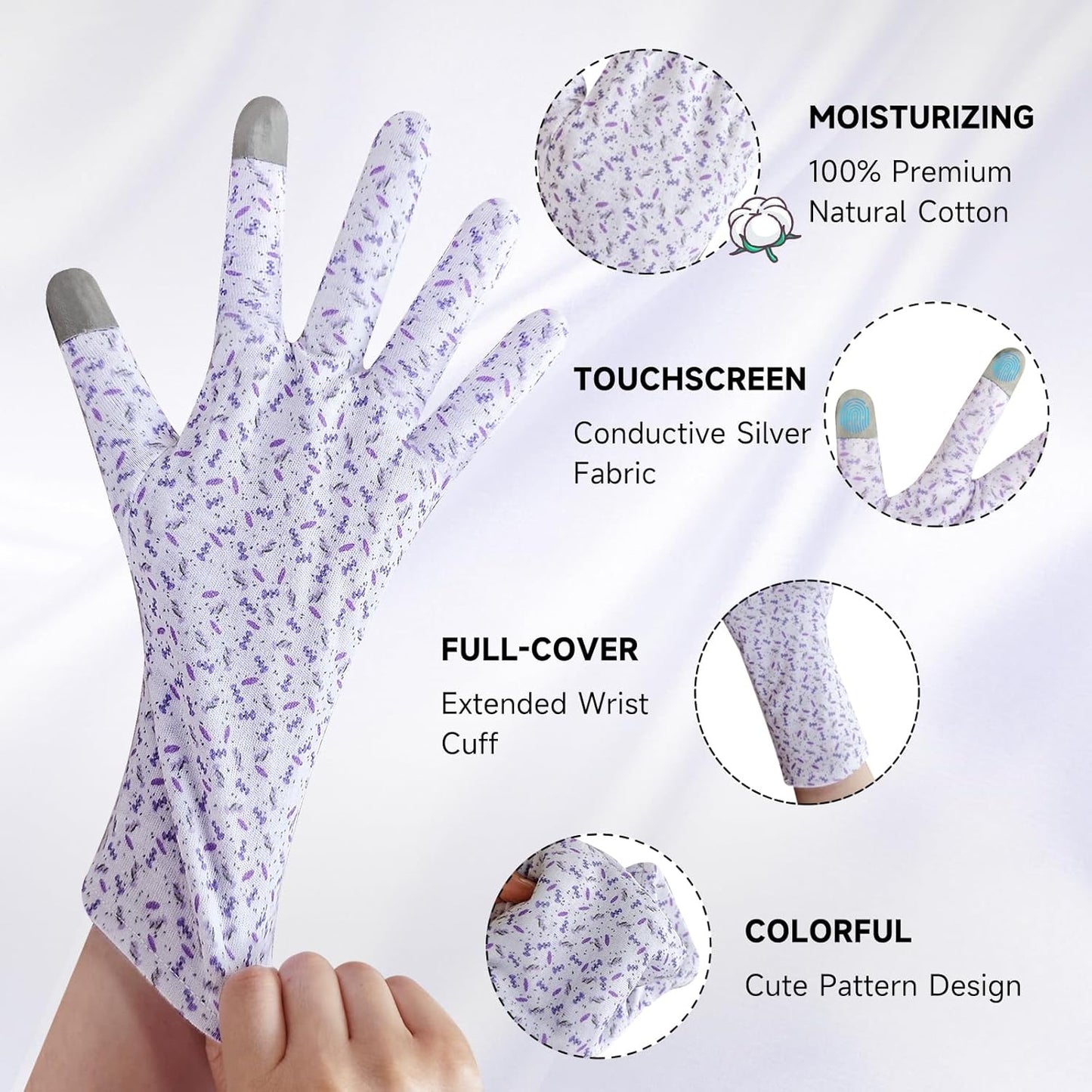 HandLove Premium 100% Cotton Gloves | Moisturizing Gloves for Dry Hands & Eczema | Overnight Sleeping Gloves, Eczema Gloves | Touchscreen | Extended Wrist White Gloves with Lavender Speckles, 6 Pairs
