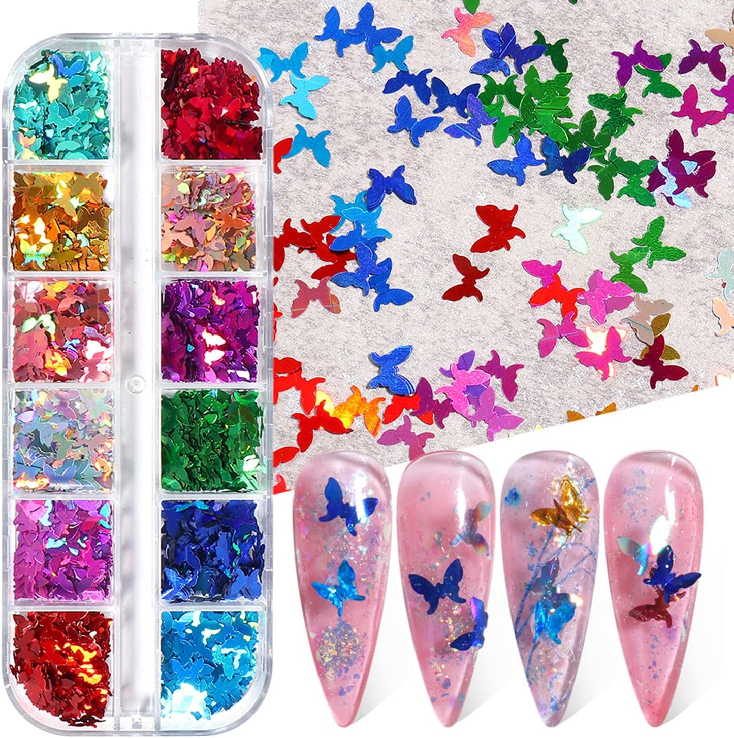 Laser Glitter Butterfly Nail Art Sequins, 3D Butterflies Sparkly Flakes Decoration-12 Colors Holographic Butterfly Shiny Design Supplies for Fingernail and Toenail Nail Accessories DIY Face Makeup
