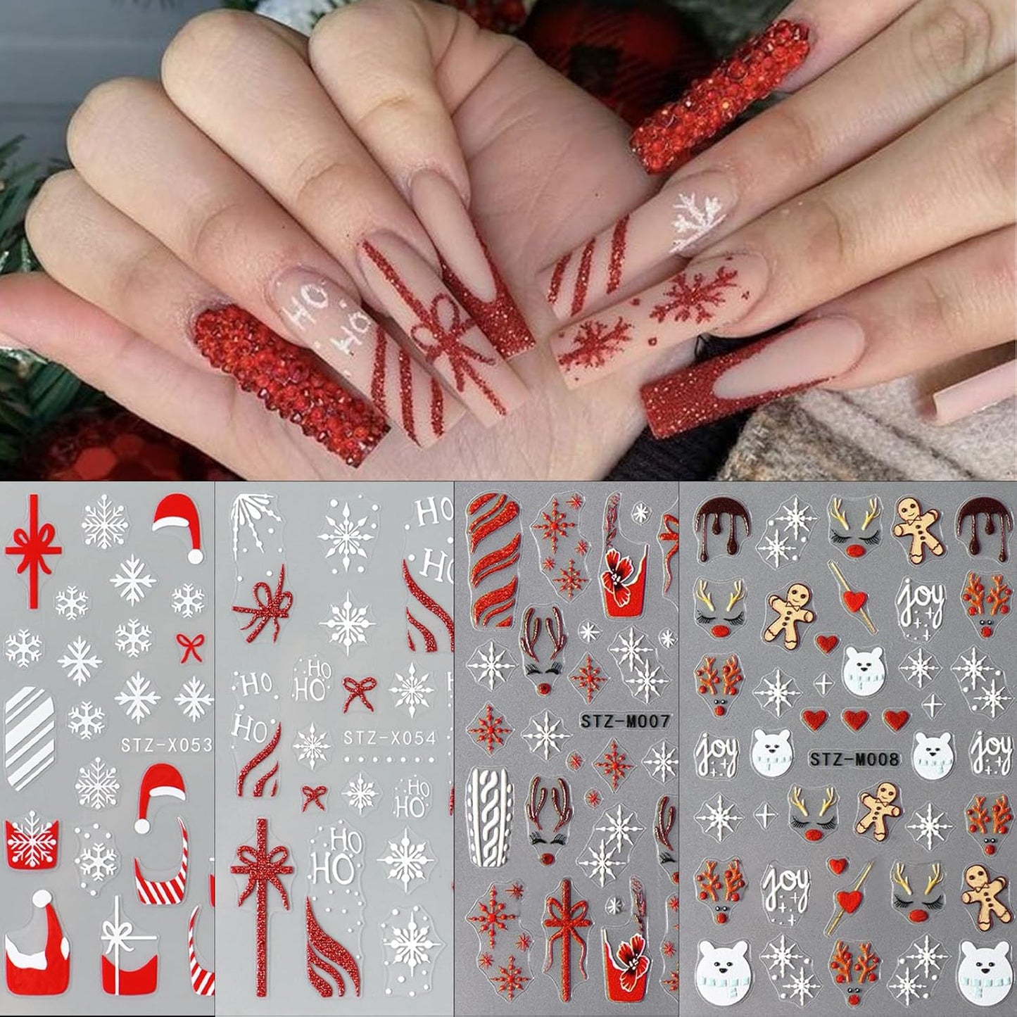 French Snowflake Christmas Bow Nail Art Stickers 3D Embossed Gingerbread Man Christmas Hat Cute Elk Acrylic Nail Decals Women Girls DIY Nail Salon 6 Sheets