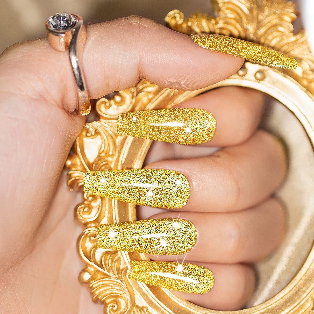 RARJSM Gold Glitter Gel Nail Polish,Reflective Gel Nail Polish,Flash Diamond Nail Gelpolish Soak off Disco Shimmer Gelpolish UV LED Curing Requires 15ml for Home Salon Diy Nail Manicure Decoration