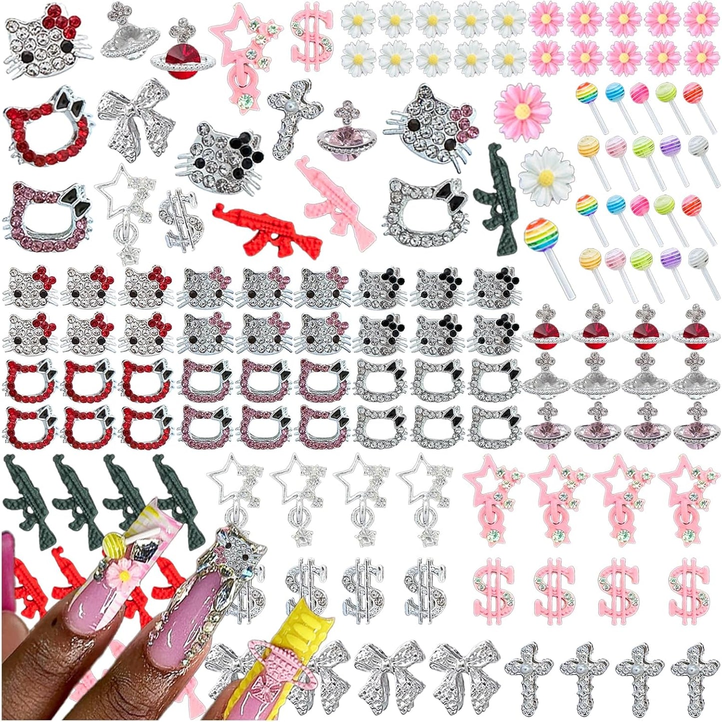 124PCS Nail Charms for Acrylic Nails - Silver Jewels Cat Bow Planet Gun Dollar Sign Star Cross Resin Flower Candy Accessories for Art Supplies Manicure Craft DIY