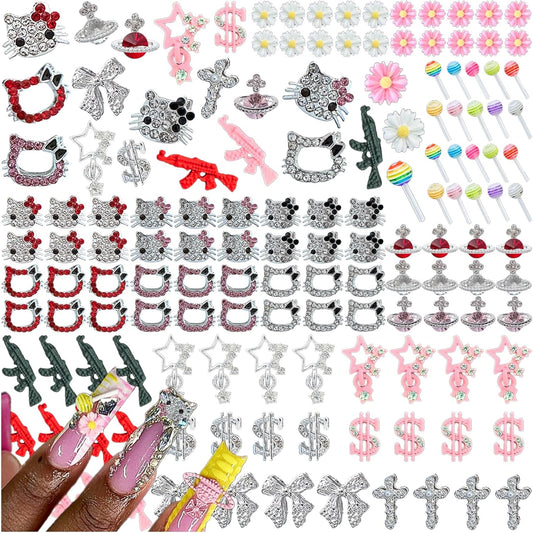 124PCS Nail Charms for Acrylic Nails - Silver Jewels Cat Bow Planet Gun Dollar Sign Star Cross Resin Flower Candy Accessories for Art Supplies Manicure Craft DIY