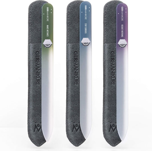 GERMANIKURE Czech Crystal Glass Nail File 3 Pack in Suede Leather Case - Professional Manicure & Pedicure Products for Smooth Easy Shaping of Natural Nails