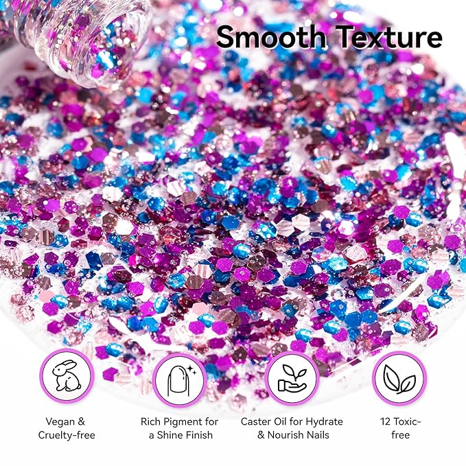 Sparkle Nail Polish, Purple Blue Rose Gold Glitter Nail Polish with Hexagon Glitter, Air Dry No Need U/V Lamp, Iridescent Geometric Sparkle Nail Art DIY Home Travel Manicure Gift