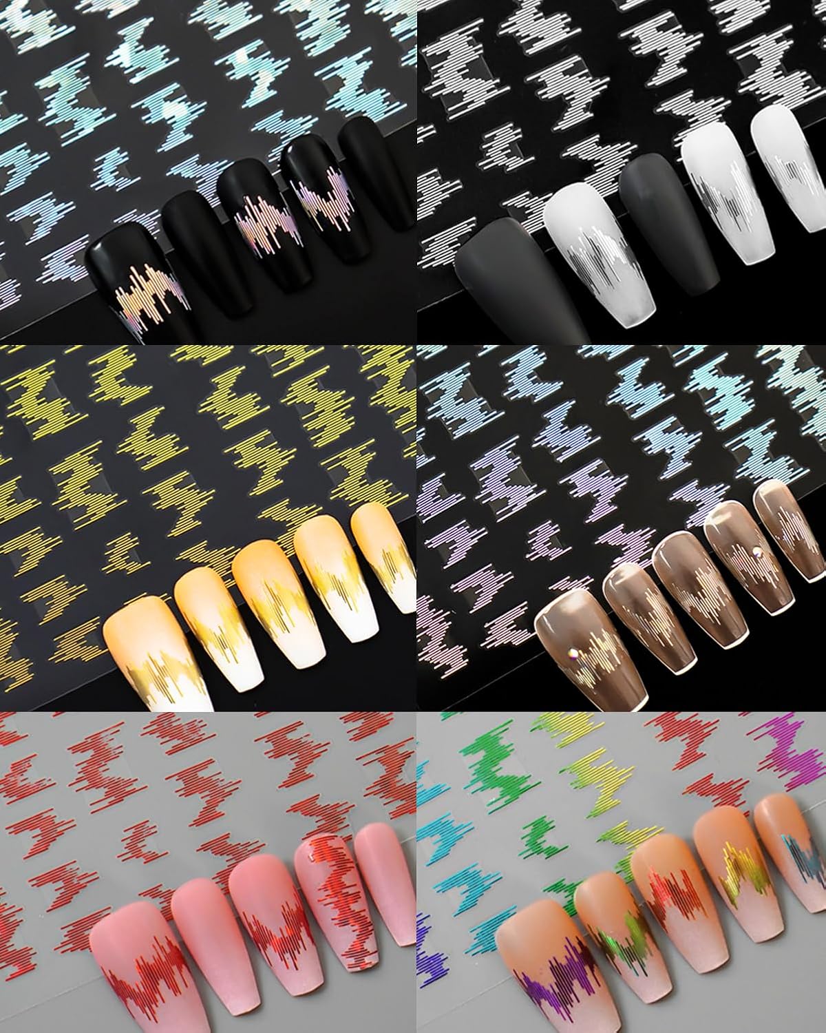Laser Acoustic Wave Nail Art Stickers, Self-Adhesive 3D High Gloss Reflective Silk Glitter Vertical Strip Nail Decals Decorations (6 Sheets)
