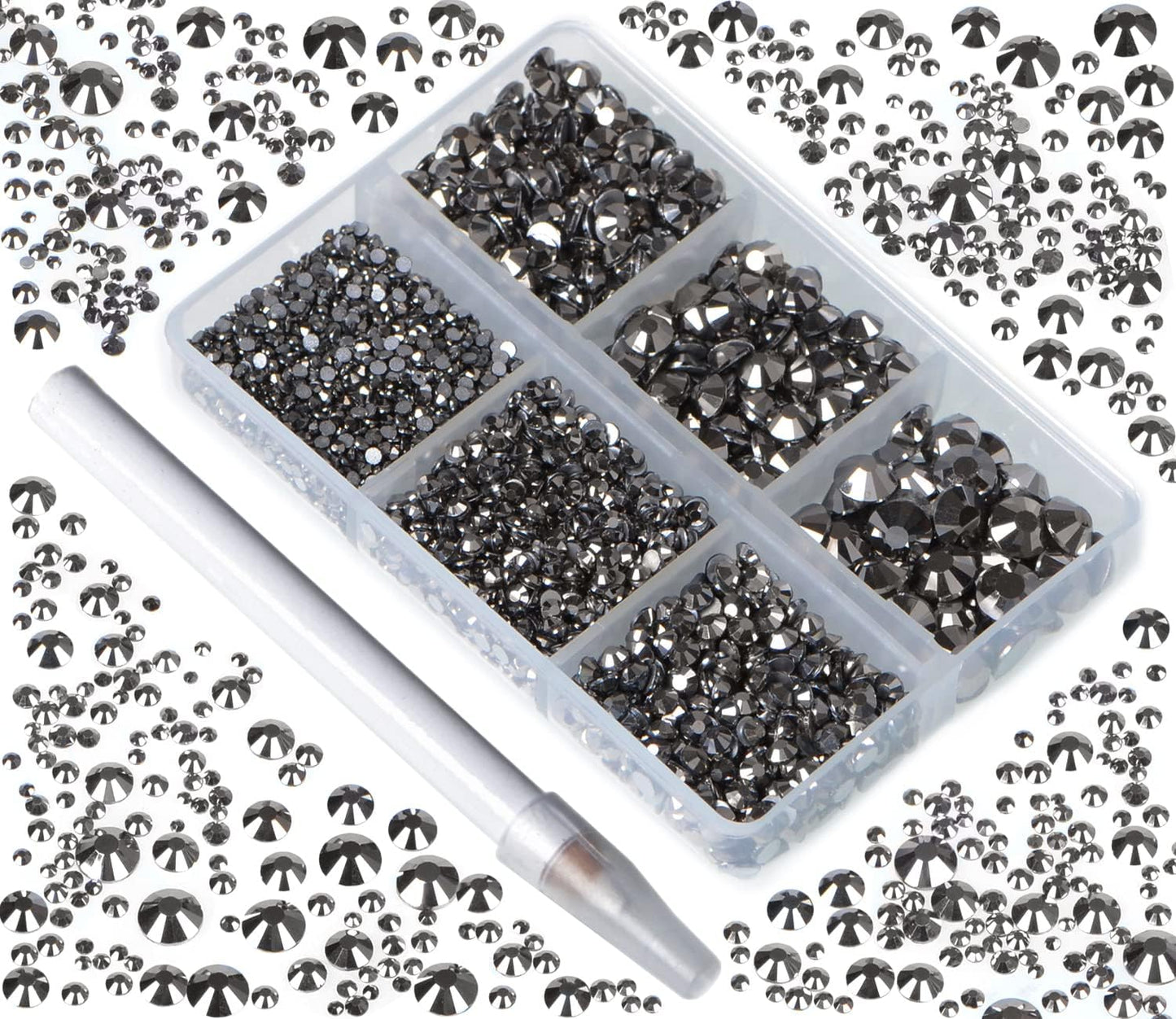 Bymitel 5000 Pieces 6 Mixed Sizes Glue Fix on Glass Rhinestones Round Crystal Gems Flatback for DIY Jewelry Making with one Picking Pen(6-Sizes 5000PCS, Jet Hematite)