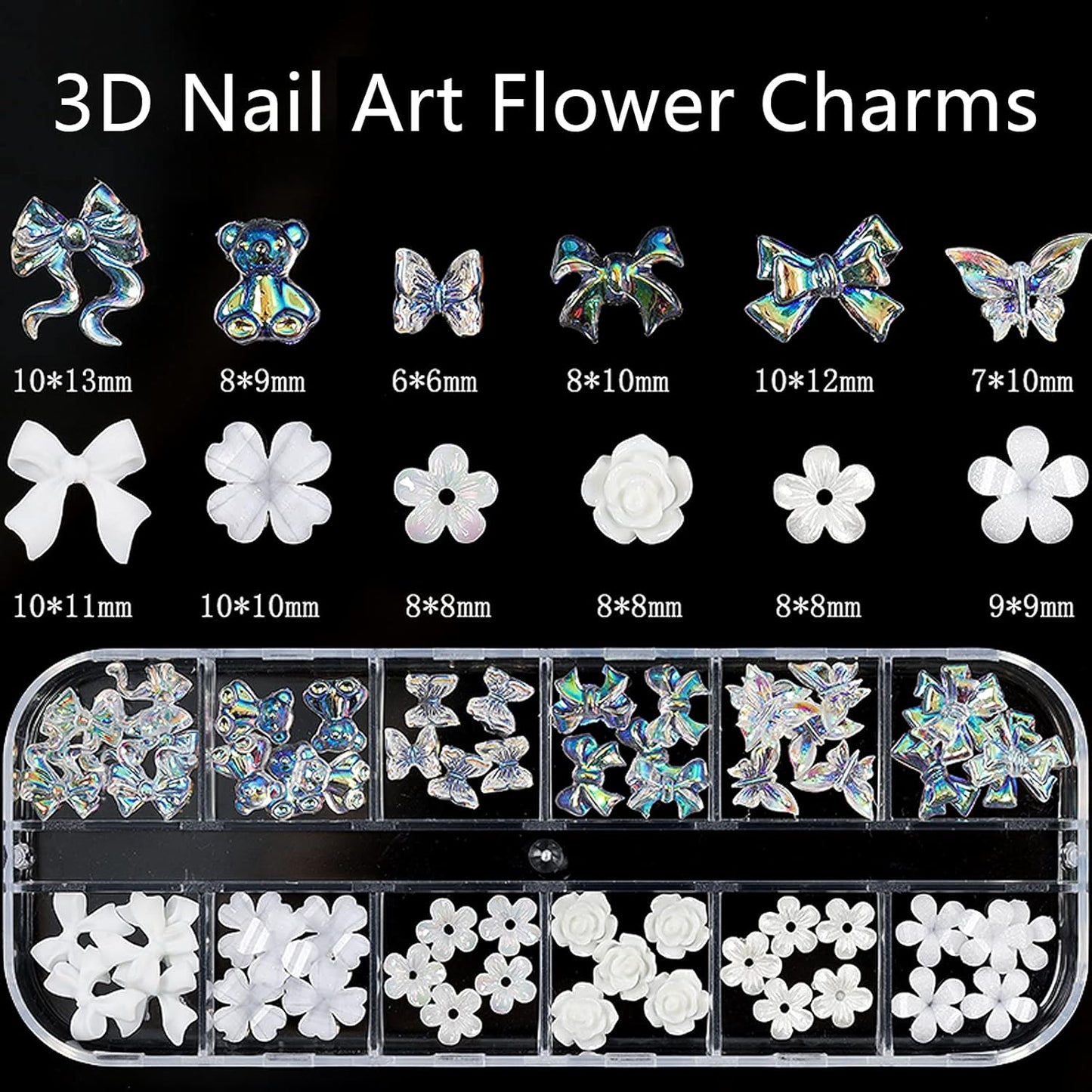 3D Acrylic Butterfly Flowers Bear Nail Charms Art 3D, AB Crystal Rhinestones Multi Shapes Pearl Gold Metal Art, Decal Jewelry Accessories DIY Crafting, 2 Piece Set