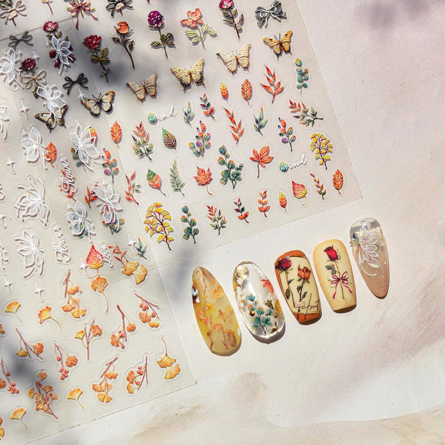 Fall Nail Stickers 5D Embossed Self-Adhesive for Nail Art, 2 Sheets 5 Designs with Vintage Roses, Autumn Maple Leaves, White Hibiscus Flowers, Fall Nail Decals Supplies for Women