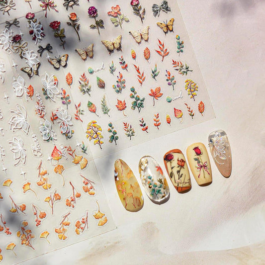 Fall Nail Stickers 5D Embossed Self-Adhesive for Nail Art, 2 Sheets 5 Designs with Vintage Roses, Autumn Maple Leaves, White Hibiscus Flowers, Fall Nail Decals Supplies for Women