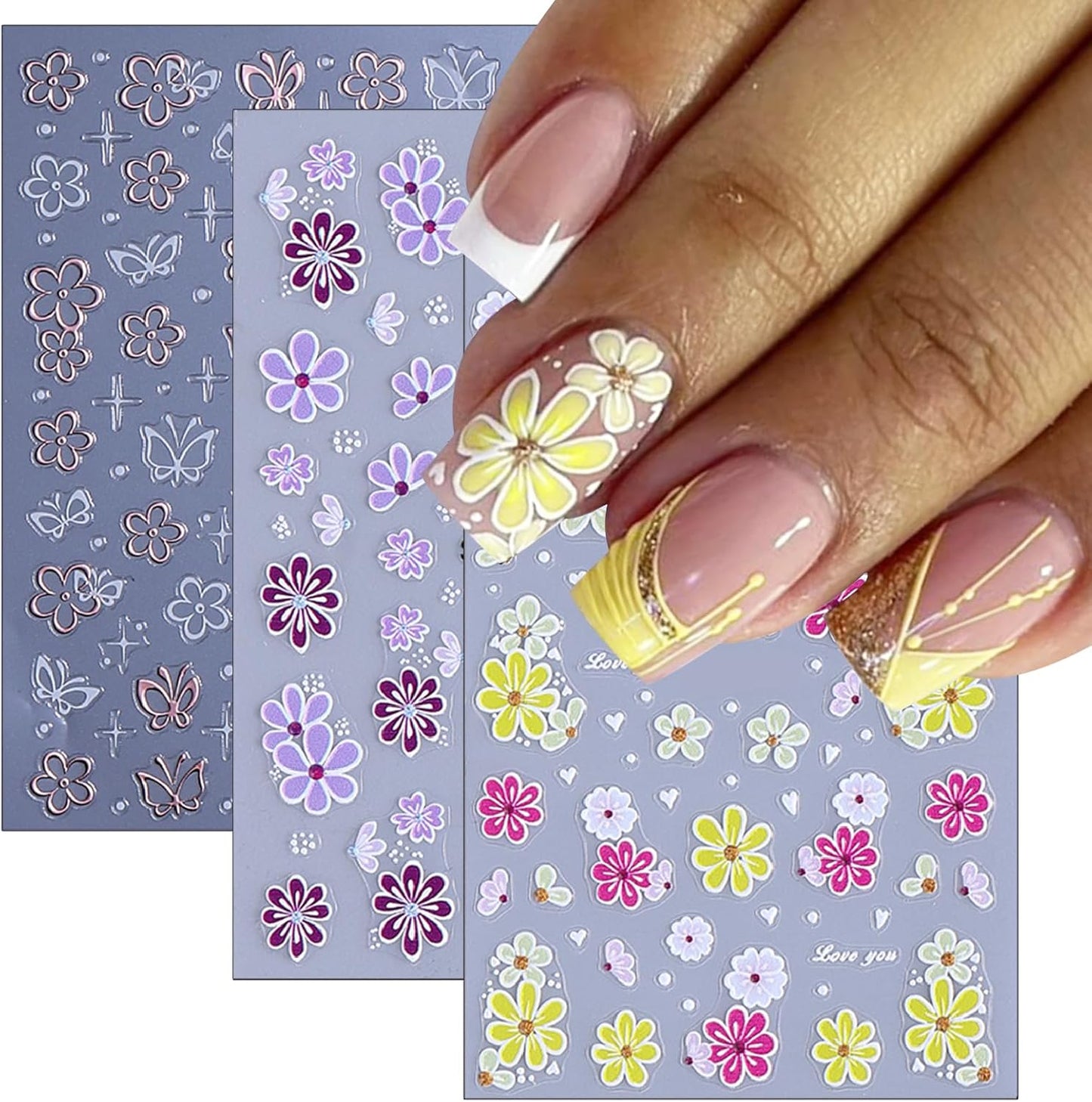 3 Sheets Colored Daisy Nail Art Stickers 3D Self-Adhesive Golden Hot Stamping Butterflies Design Spring Cherry Blossom Nail Decals for Women Girls Summer DIY Manicure Decoration