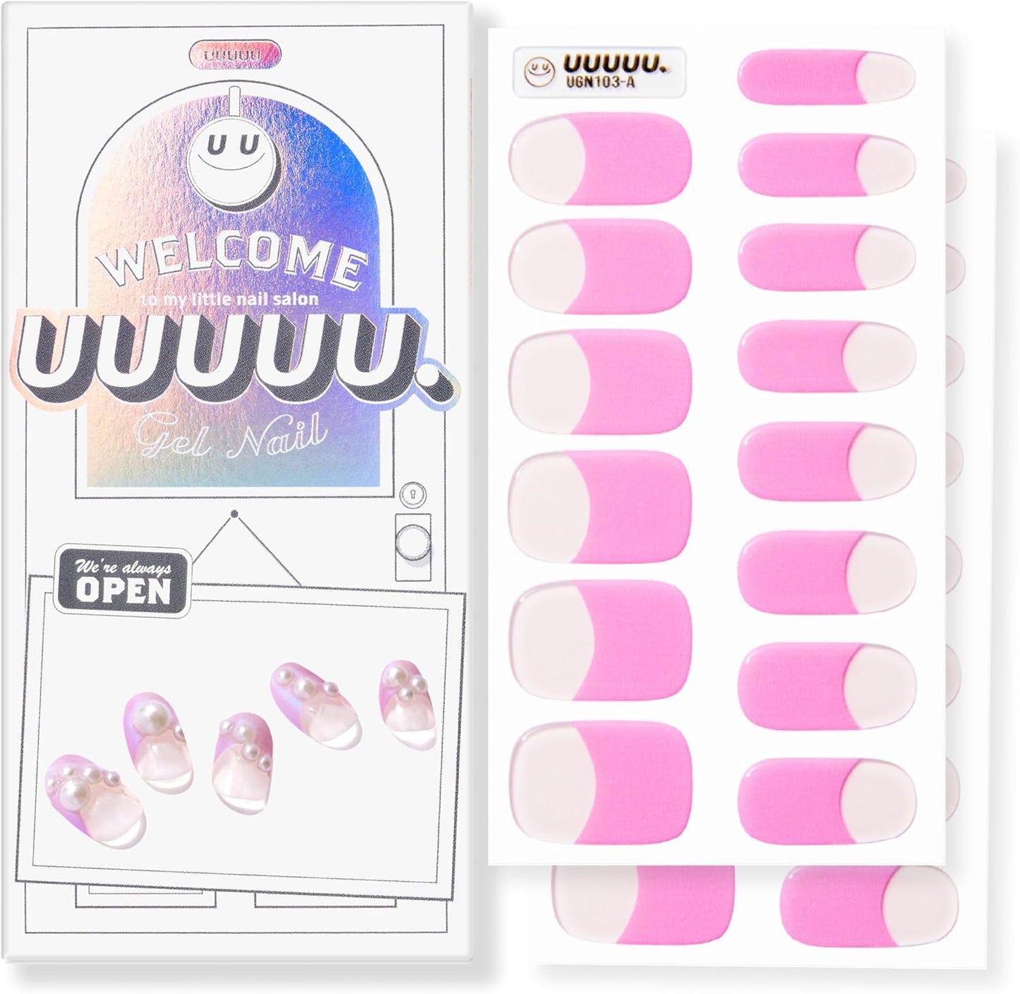 UUUUUU Semi Cured Gel Nail Strips | Salon-Quality | UV Free Gel Nail Wraps for Women | Easy Peel&Stick | Long-Lasting up to 14 Days | 28 Strips Set+File & Wipes | Gift-Ready (UGN103 Bombshell Pink)