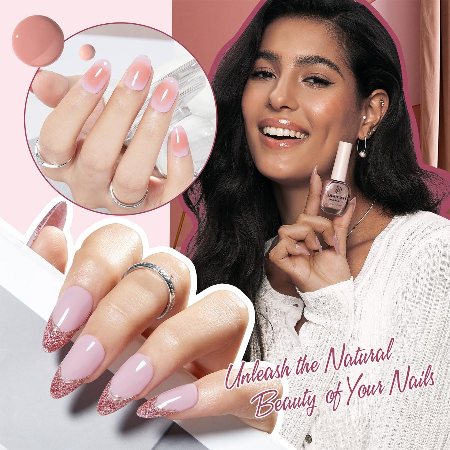AZUREBEAUTY Pink Shades Nude Coral Champagne Glitter 8 Colors Nail Polish Set, Quick-Dry Perfect for Women Elegant Manicure Nail Art DIY Salon 10ml