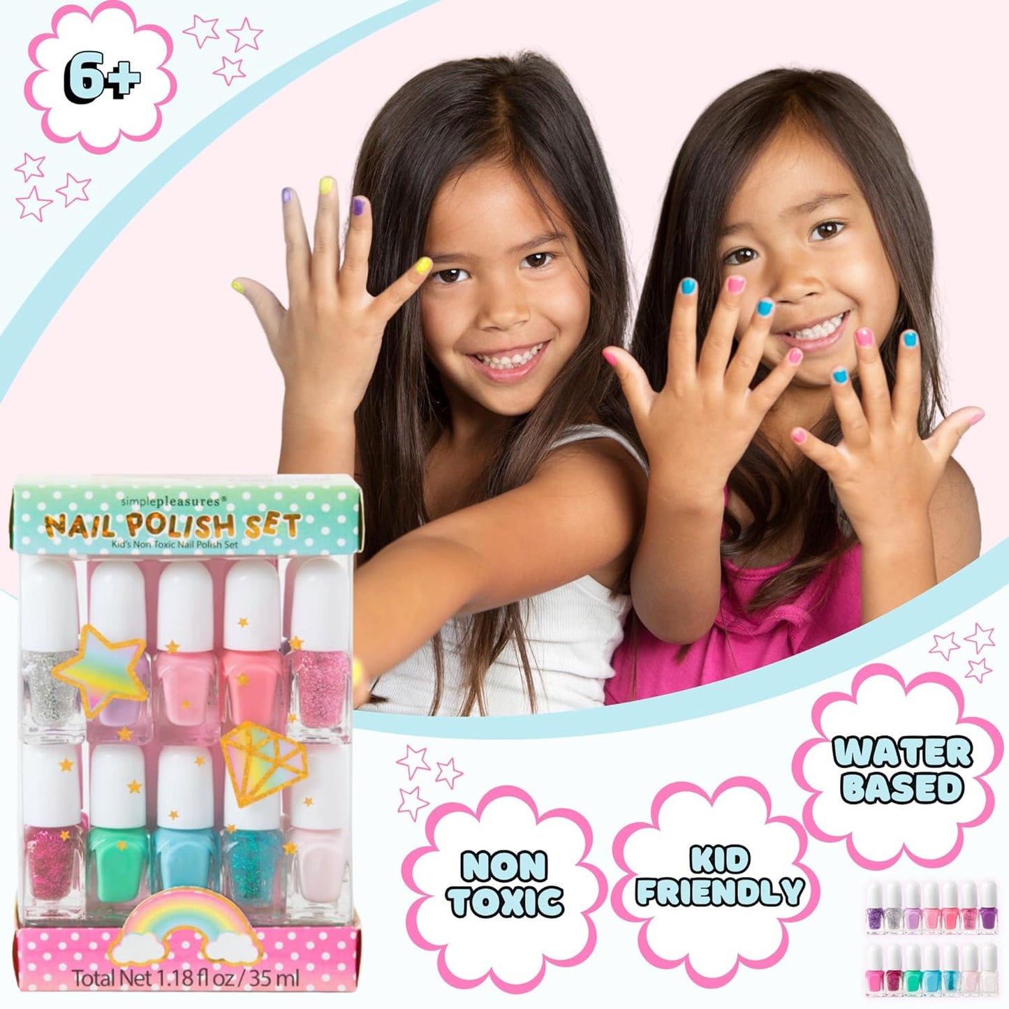 SIMPLE PLEASURES Unicorn Glitter Kids Nail Polish Set for Girls – 14 Water-Based Non -Toxic Nail Art Kit - Gift Set for Girls Ages 7-12