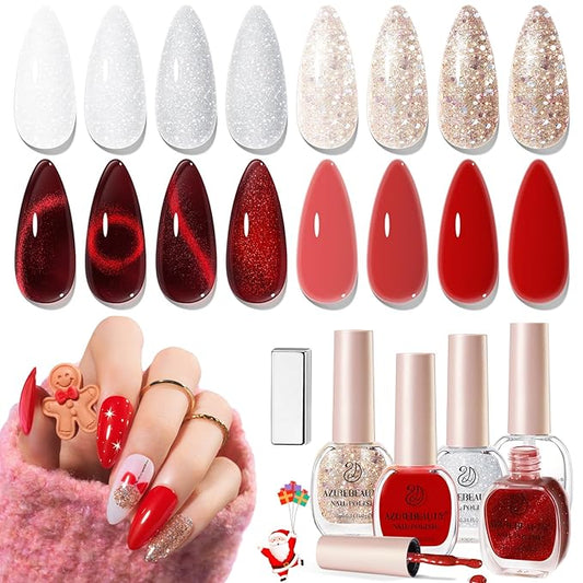 AZUREBEAUTY Red Christmas Nail Polish Set Quick Dry Silver Glitter Cat Eye 4 Colors Natural Fingernail with Top Coat DIY Salon Home no Gel Women Gifts