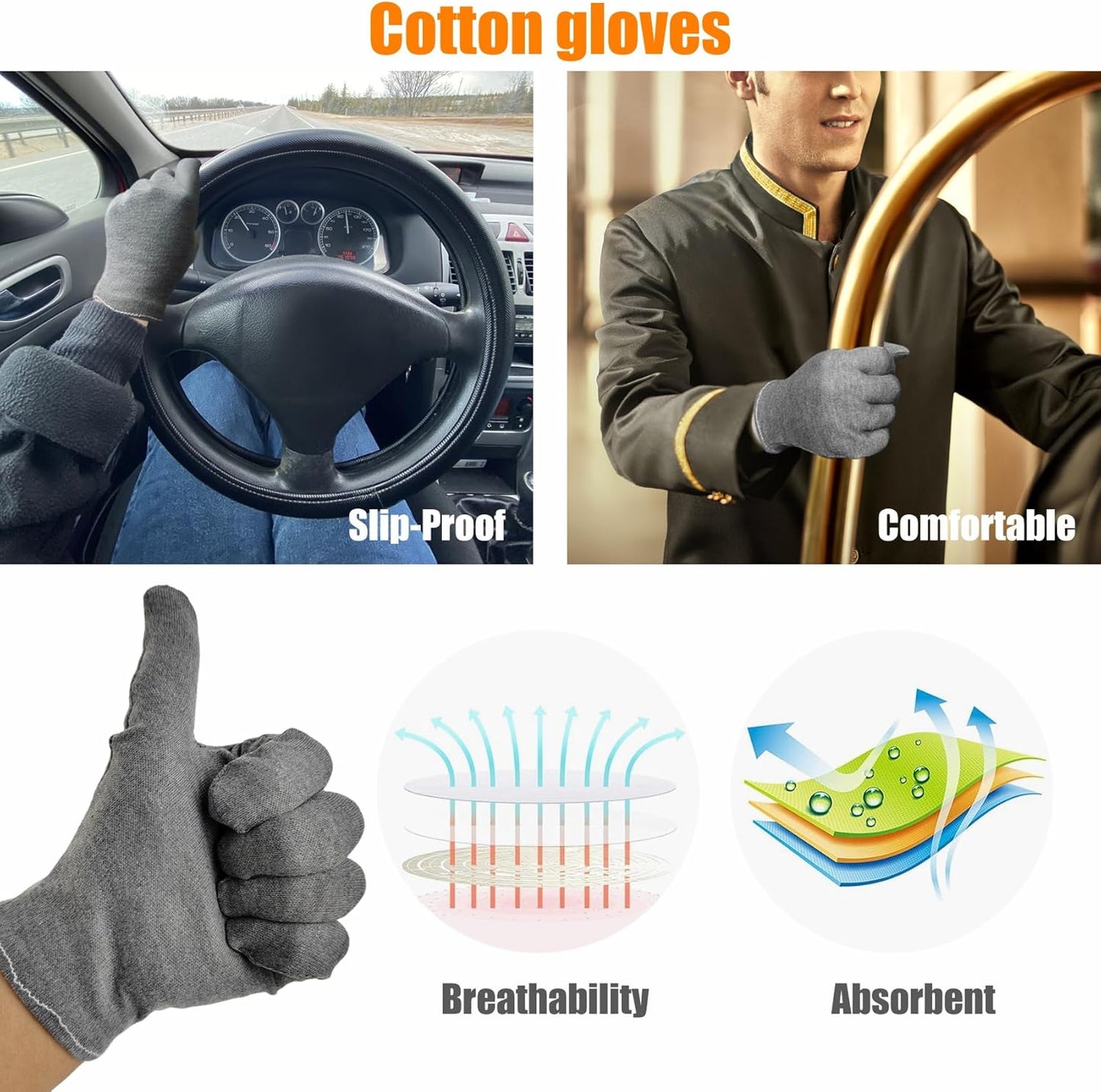 2 Pairs(4Pcs) Cotton Gloves for Eczema and Dry Hands, Moisturizing Gloves, Work Gloves for Men, Women, SPA, Jewelry Inspection (Grey, 2 Pairs)