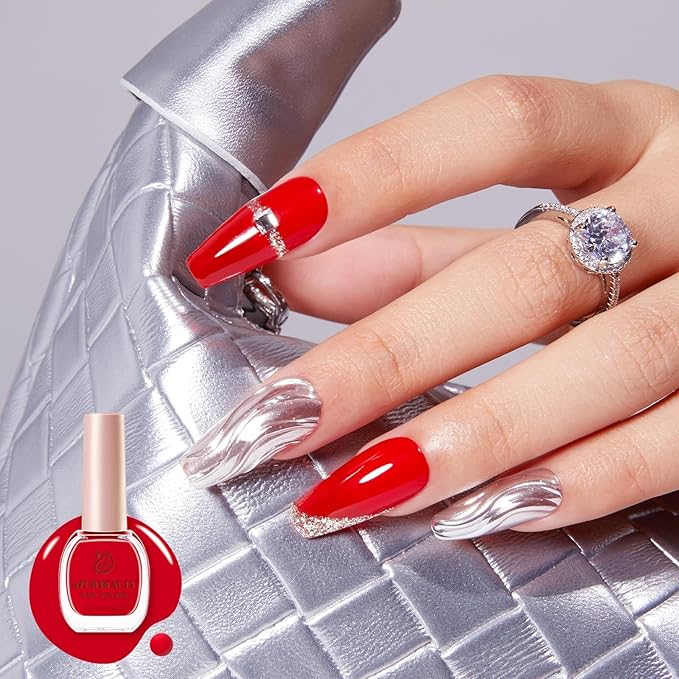 AZUREBEAUTY Red Nail Polish No Gel Quick Dry Gold Foil Glitter 2 Colors Nail Lacquer Natural Fingernail Kit DIY Salon Home Women Gifts 0.34oz