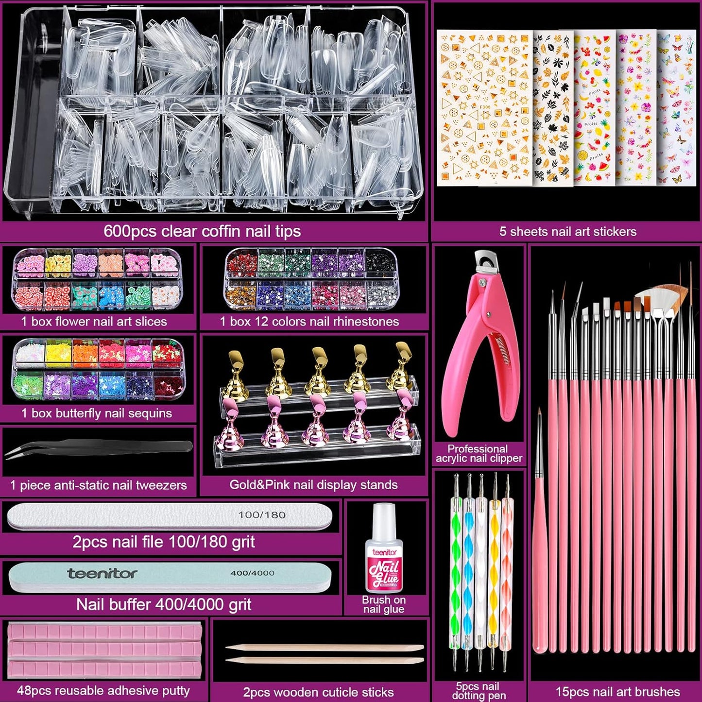 Teenitor Acrylic Fake Nails Kit, Press On Nail Supplies with Clear Coffin Nail Tips Nail Stand Nail Art Brushes Dotting Pen Glitter Sequins Sticker Rhinestones Nail Decorations Press On Nails Kit
