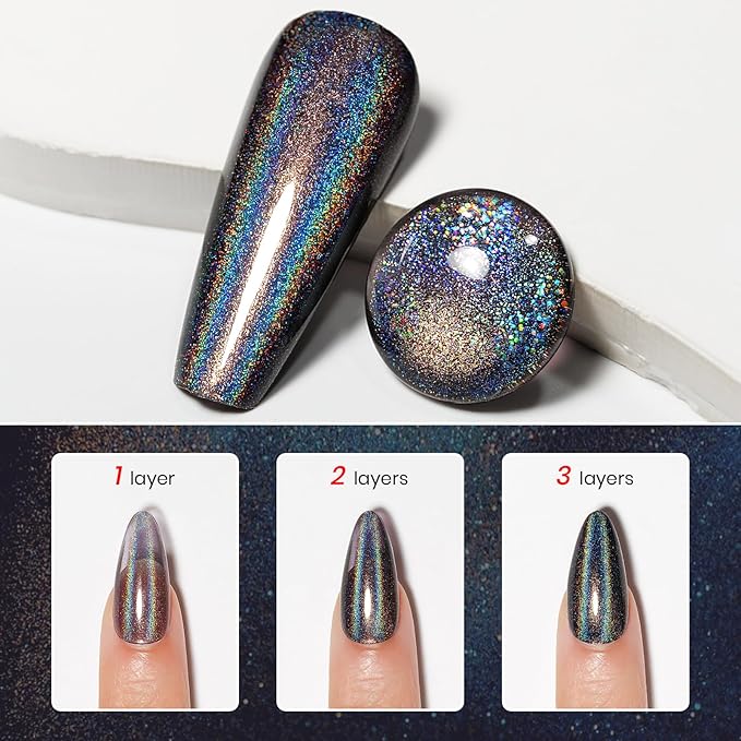 MIZHSE Holographic Nail Polish, Black Glitter Nail Polish Air Dry Fast, 15 ml 0.5 fl oz High Glossy Shiny Nail Pigment Oil-based Laser Iridescent Chrome Halo Nail Art Salon Manicure Home