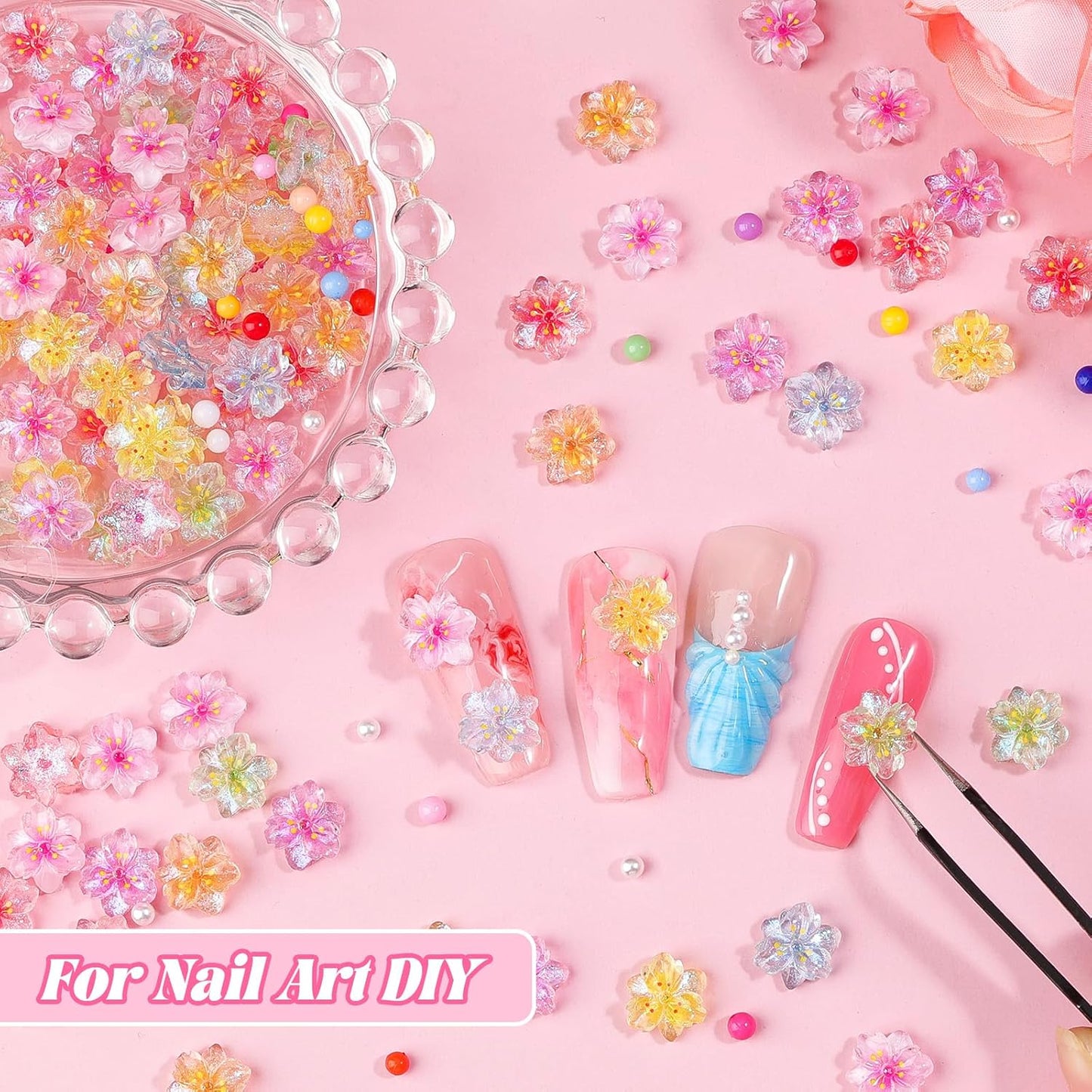 300Pcs Flower Nail Charms Kit, 100Pcs 3D Resin Cherry Nail Charms and 100Pcs Pearls with 100Pcs Macaron Beads, Colorful Hibiscus Floral Tiny Gems Round Beads for Women Manicure Craft DIY