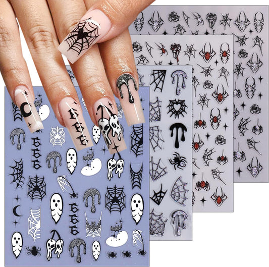 4 Sheets Halloween Nail Art Stickers Decals 3D Self-Adhesive Ghost Skull Cherry Nail Decals Holographic Glitter Design Bat Water Drop Spider Web Nail Stickers Holiday Nail Decorations for Women
