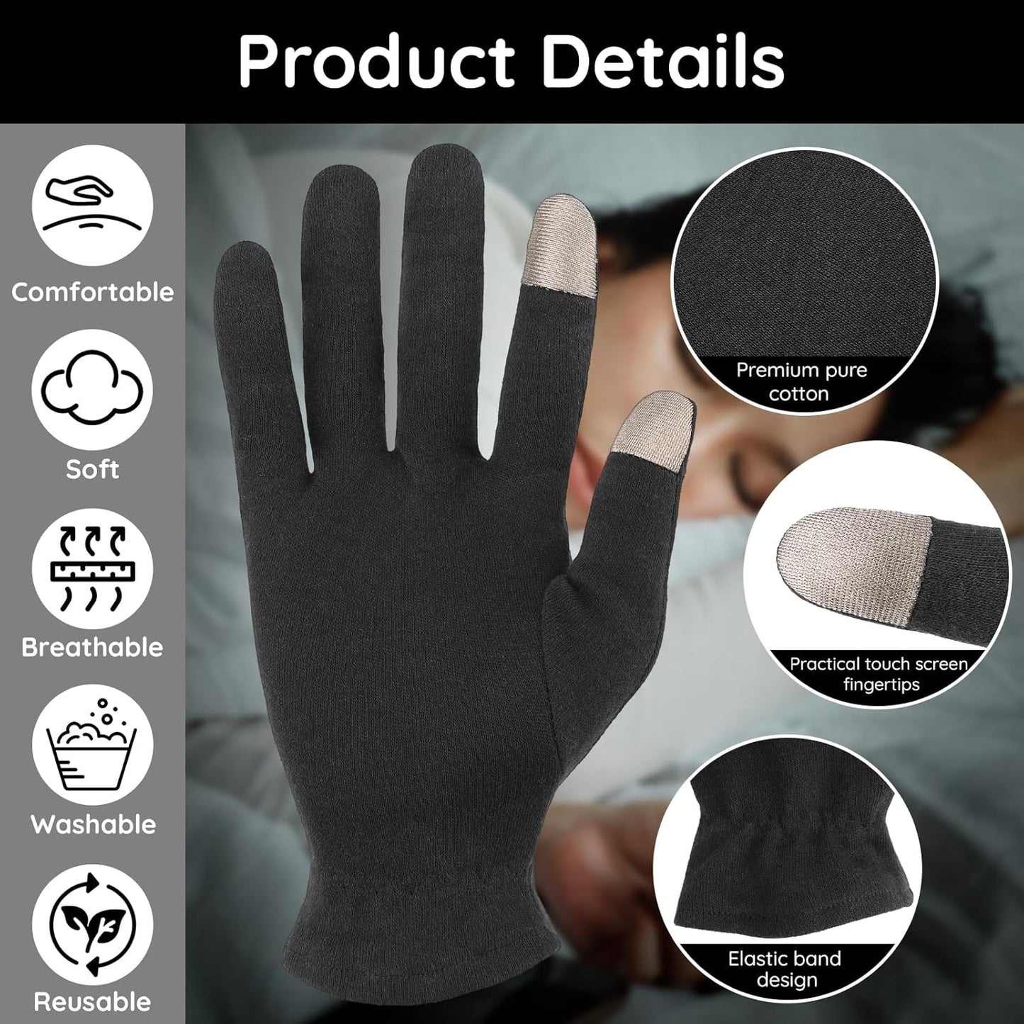 Segbeauty 16 Counts Elastic Black Cotton Gloves with Touchscreen Fingers, 8 Pair Bulk Sleeping Moisturizing Lotion Gloves Overnight for Women with Elastic Band, Hand Care Cotton Work Glove for Working