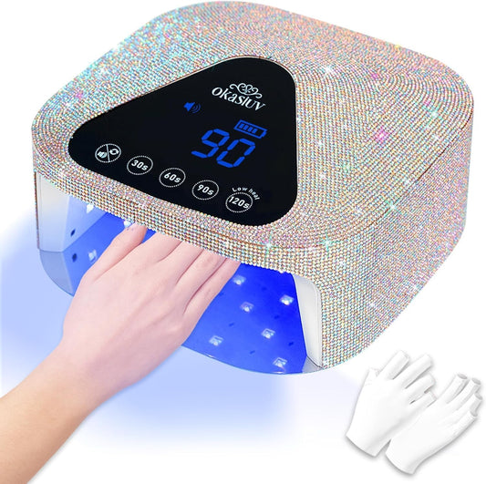 UV LED Nail Lamp with UV Gloves,Magnetic Metal Mirror Base Cordless Nail Dryer, Gel Polish Curing Light with 4 Timers,Touch Control Display,Auto Sensor for Professional Salon & Home