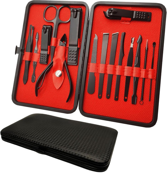 Manicure Set, Professional Nail Clippers Kit, Pedicure Care Tools,Manicure Set for Men and Women-Premium Stainless Steel with Black Leather Travel Case Set 15PC Great Gift(Black)