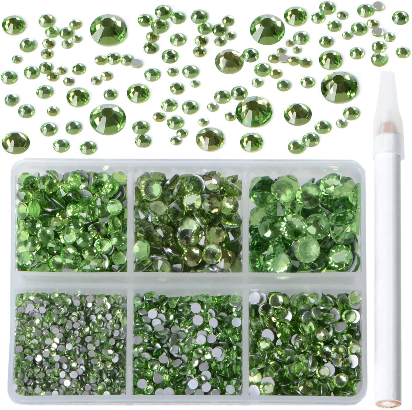 Bymitel 5000 Pieces 6 Mixed Sizes Glue Fix on Glass Rhinestones Round Crystal Gems Flatback for DIY Jewelry Making with one Picking Pen(6-Sizes 5000PCS, Peridot)