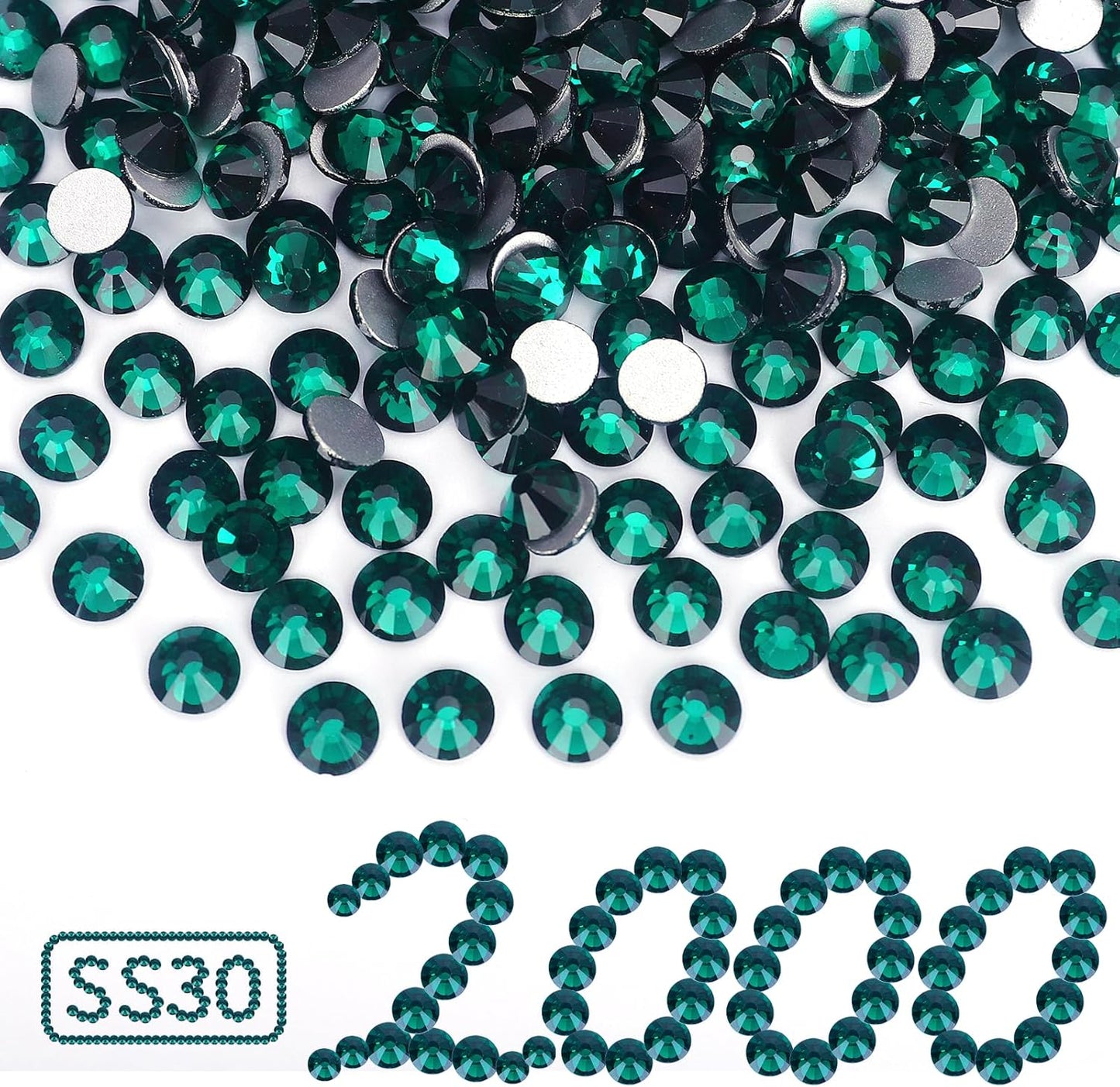 2000PCS Emerald Rhinestones Bulk, Flat Back Crystal Glass Stone Round Gems,SS30, 6.4-6.6mm