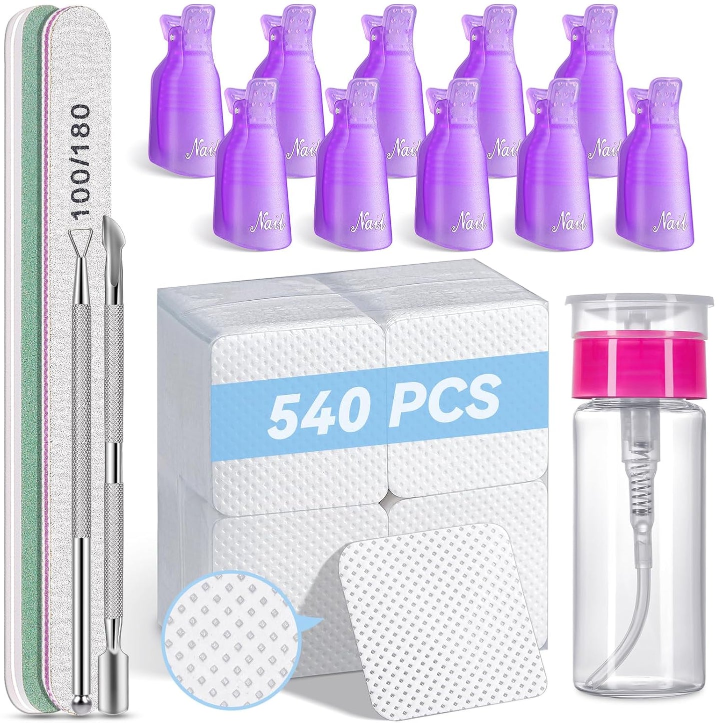 TsMADDTs Nail Polish Gel Remover Tools Kit with Lint Free Wipes, Nail Clips, 100ml Nail Polish Remover Bottle, Cuticle Pusher/Peeler, File, Buffer Block