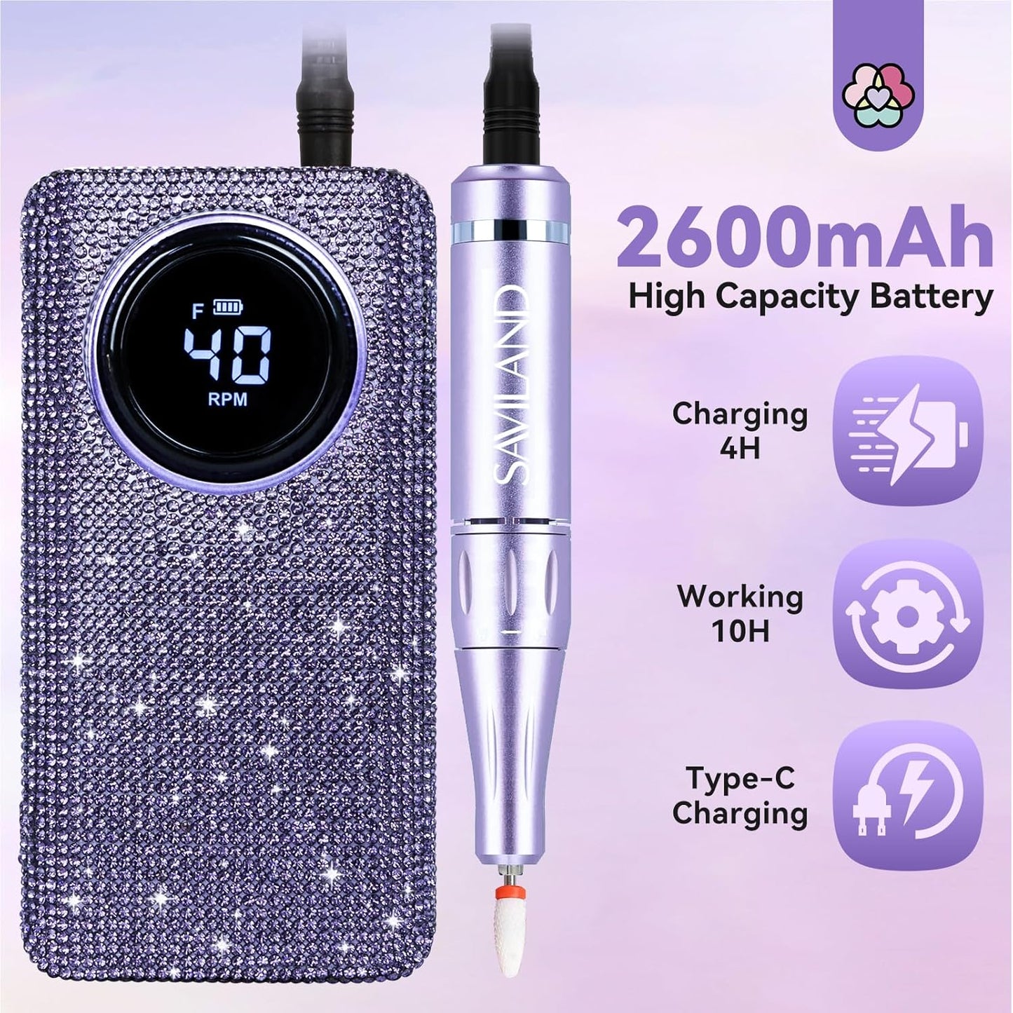 SAVILAND High Speed Nail Drill 40000 RMP: Diamond Shiny Electric Nail File 2600 mAh Rechargeable Nail Drill Kit for Thick Acrylic Nails Removal with Ceramic Drill Bits Sanding Bands Nail Tech Salon