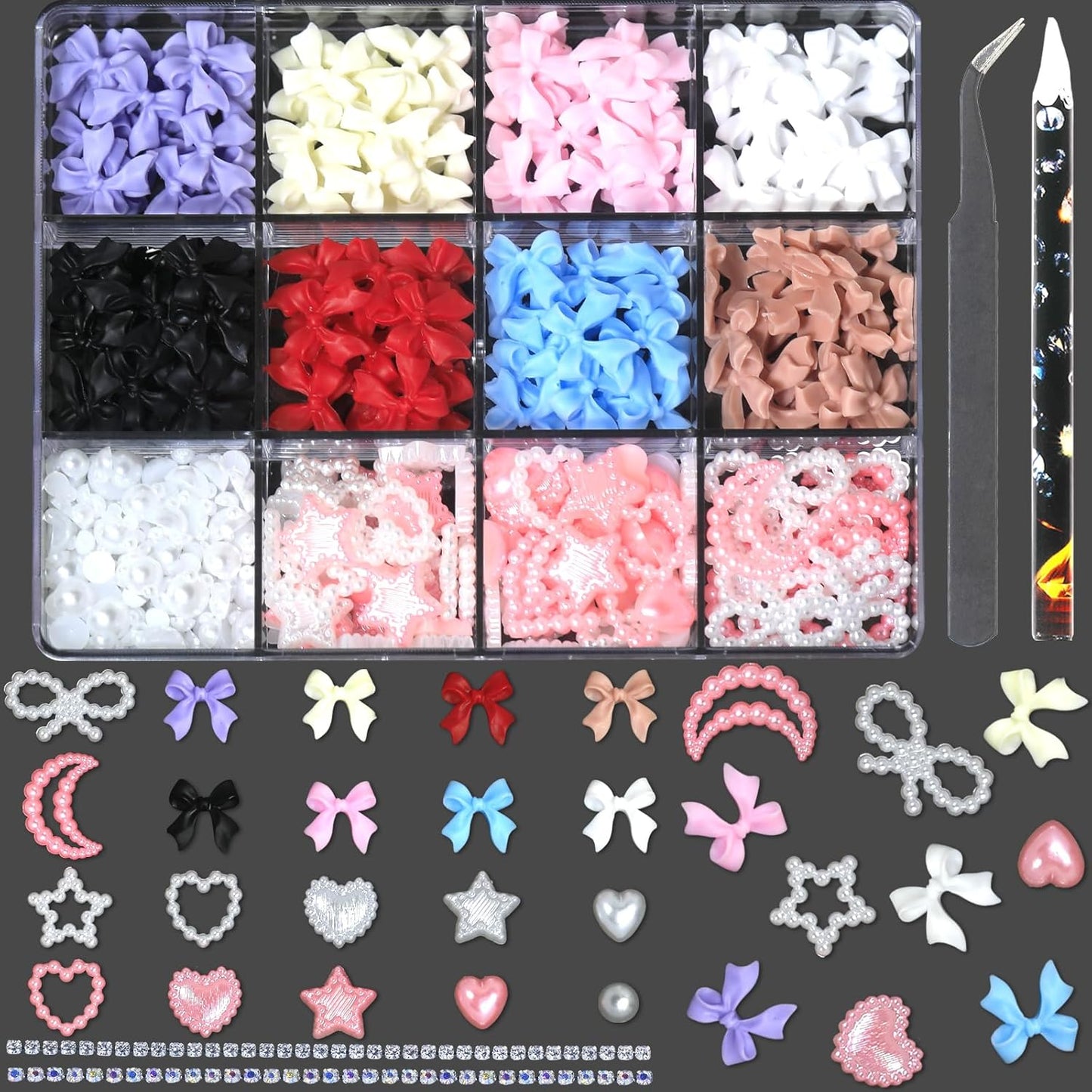 HNUIX 3D Nail Charms and Flatback Pearls - Pink & White Heart, Moon, Bow, Hollow Bow Star Pearls; 50 Pieces Gemstone Nail Rhinestones Set with Tweezers and Pickup Tools
