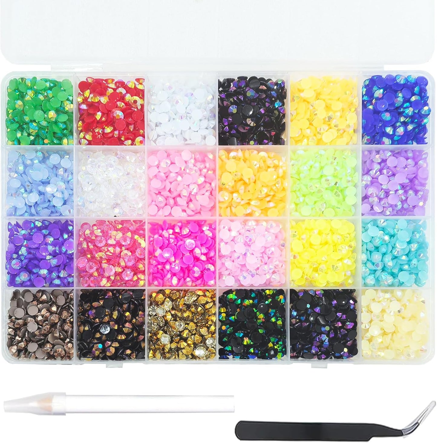 6000Pcs Nail Art Rhinestones, BetterJonny 24 Colors 5mm Round Nail Flatback Rainbow Gems Set with Tweezers and Pencil AB Glitter Flat-Bottomed Rhinestone for Crafts Decoration and Jewelry Making…