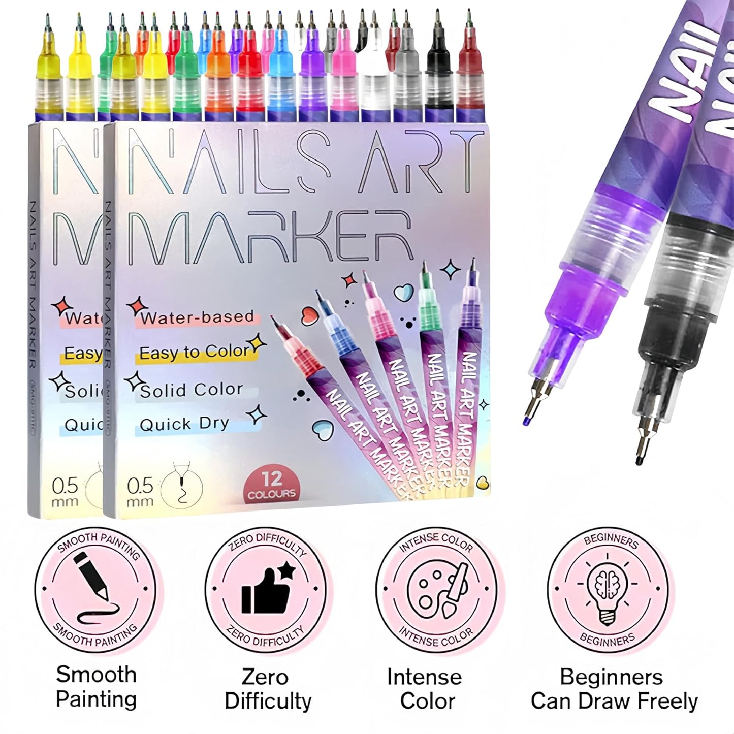 Nail Art Markers for Gel Nails, 24 Colors Nail Art Pens Set DIY Nail Art Marker Drawing Painting 3D Nail Polish Pens, Quick Dry Graffiti Dotting Point Liner Pens for DIY Nail Art Drawing Tools