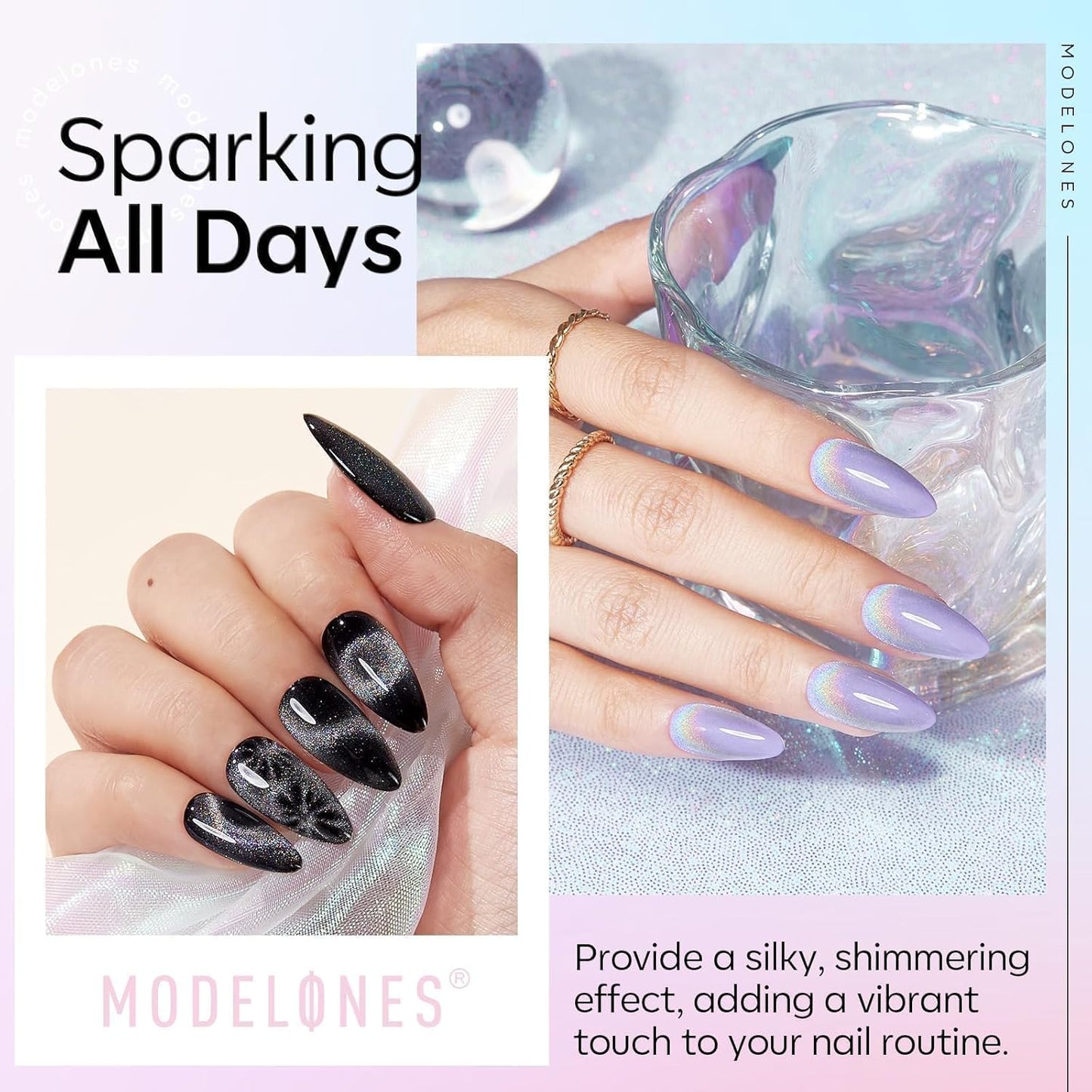 modelones Cat Eye Rainbow Gel Nail Polish Silver Glitter Holographic Glass 9D Cat Eye Gel Polish with Magnet Stick Soak Off U V Nail Lamp Summer Nail Art Top Coat Manicure Salon DIY Home 15 ML